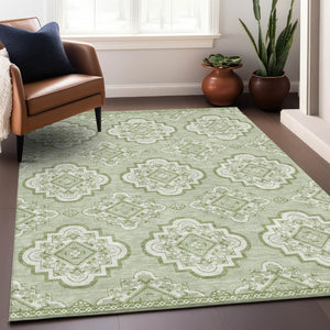 Homeroots 3' Medallion Area Rug In Artichoke Green And Ivory - Stylish, Washable For Indoor And Outdoor Use 9' X 12' Polyester 591667