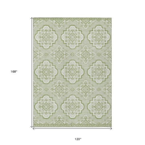 Homeroots 3' Medallion Area Rug In Artichoke Green And Ivory - Stylish, Washable For Indoor And Outdoor Use 10' X 14' Polyester 591668