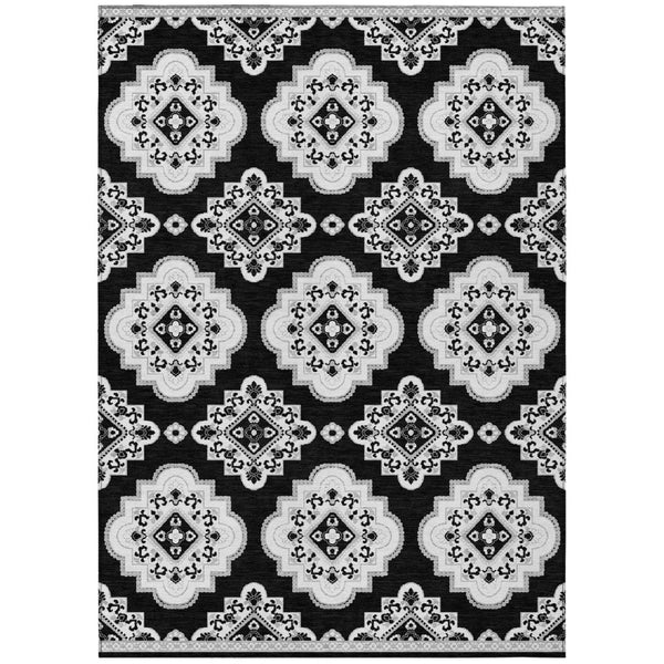 HomeRoots 5' Black and Ivory Medallion Area Rug - Stylish, Durable, Washable for Indoor and Outdoor Spaces 5' X 8' 591670