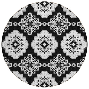 HomeRoots 5' Black and Ivory Medallion Area Rug - Stylish, Durable, Washable for Indoor and Outdoor Spaces 8' Round 591671