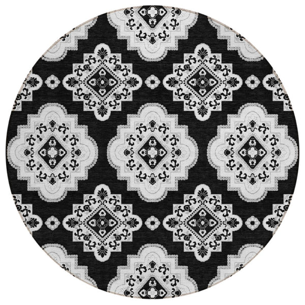 HomeRoots 5' Black and Ivory Medallion Area Rug - Stylish, Durable, Washable for Indoor and Outdoor Spaces 8' Round 591671