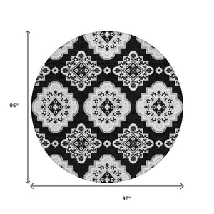 HomeRoots 5' Black and Ivory Medallion Area Rug - Stylish, Durable, Washable for Indoor and Outdoor Spaces 8' Round 591671