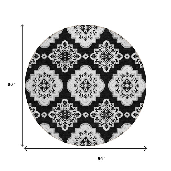 HomeRoots 5' Black and Ivory Medallion Area Rug - Stylish, Durable, Washable for Indoor and Outdoor Spaces 8' Round 591671