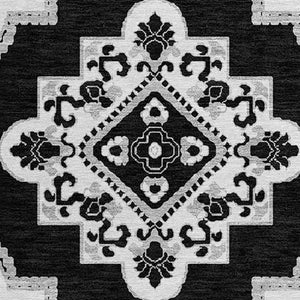 HomeRoots 5' Black and Ivory Medallion Area Rug - Stylish, Durable, Washable for Indoor and Outdoor Spaces 8' Round 591671