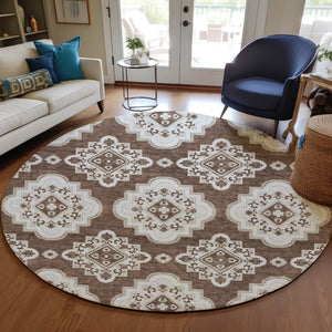 Homeroots 3' Medallion Area Rug In Artichoke Green And Ivory - Stylish, Washable For Indoor And Outdoor Use 8' Round Polyester 591677