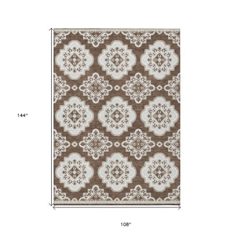 Homeroots 3' Medallion Area Rug In Artichoke Green And Ivory - Stylish, Washable For Indoor And Outdoor Use 9' X 12' Polyester 591679