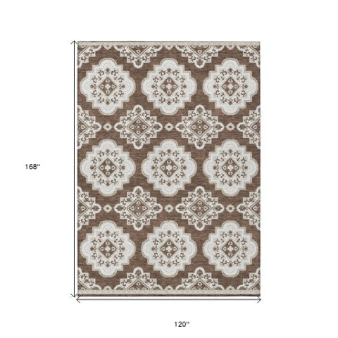 Homeroots 3' Medallion Area Rug In Artichoke Green And Ivory - Stylish, Washable For Indoor And Outdoor Use 10' X 14' Polyester 591680