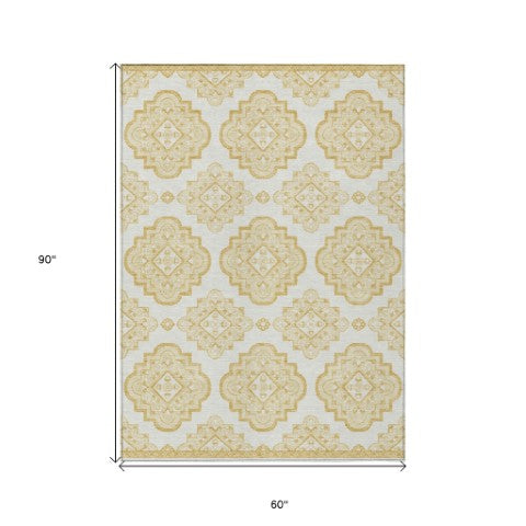 Homeroots 3' Medallion Area Rug In Artichoke Green And Ivory - Stylish, Washable For Indoor And Outdoor Use 5' X 8' Polyester 591682