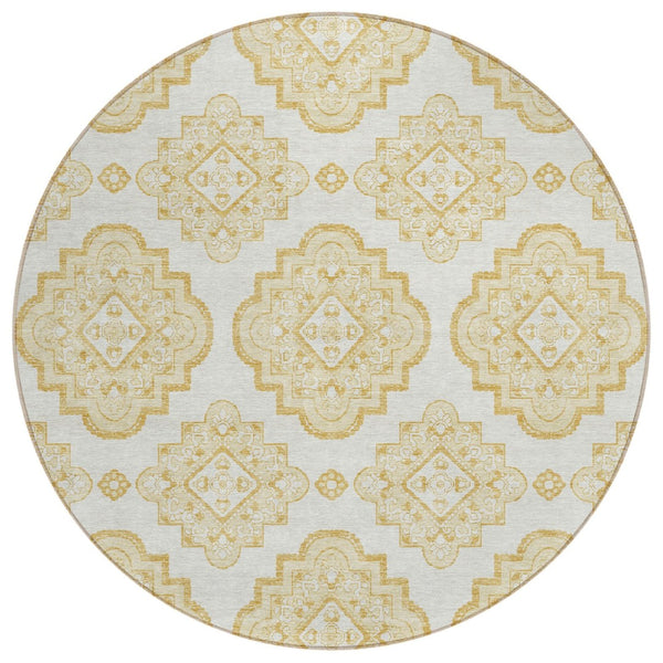 HomeRoots 5' Gold and Ivory Medallion Area Rug – Elegant, Washable Design for Indoors or Outdoors, Durable Style 8' Round 591683