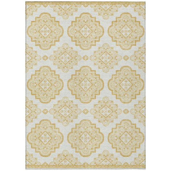 HomeRoots 5' Gold and Ivory Medallion Area Rug – Elegant, Washable Design for Indoors or Outdoors, Durable Style 8' X 10' 591684