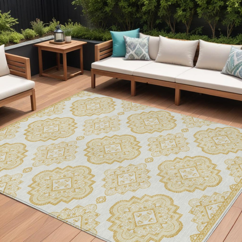 HomeRoots 5' Gold and Ivory Medallion Area Rug – Elegant, Washable Design for Indoors or Outdoors, Durable Style 10' X 14' 591686