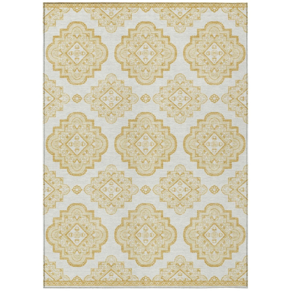 HomeRoots 5' Gold and Ivory Medallion Area Rug – Elegant, Washable Design for Indoors or Outdoors, Durable Style 10' X 14' 591686