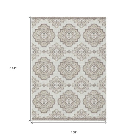 Homeroots 3' Medallion Area Rug In Artichoke Green And Ivory - Stylish, Washable For Indoor And Outdoor Use 9' X 12' Polyester 591697