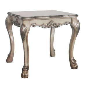 English Elm Vintage Bone White Square End Table with Carved Floral Top, Claw Feet & Scalloped Apron—Elegant Classic Accent, 24.5"H x 28.5"W x 28.5"D Vintage B062P189088