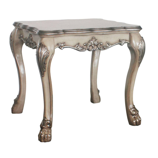 English Elm Vintage Bone White Square End Table with Carved Floral Top, Claw Feet & Scalloped Apron—Elegant Classic Accent, 24.5"H x 28.5"W x 28.5"D Vintage B062P189088