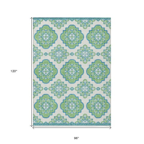 Homeroots 3' Medallion Area Rug In Artichoke Green And Ivory - Stylish, Washable For Indoor And Outdoor Use 8' X 10' Polyester 591702