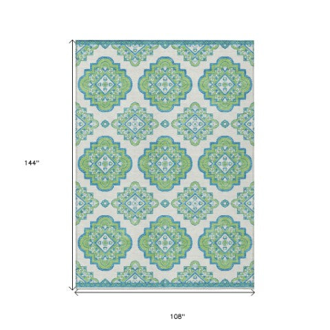 Homeroots 3' Medallion Area Rug In Artichoke Green And Ivory - Stylish, Washable For Indoor And Outdoor Use 9' X 12' Polyester 591703