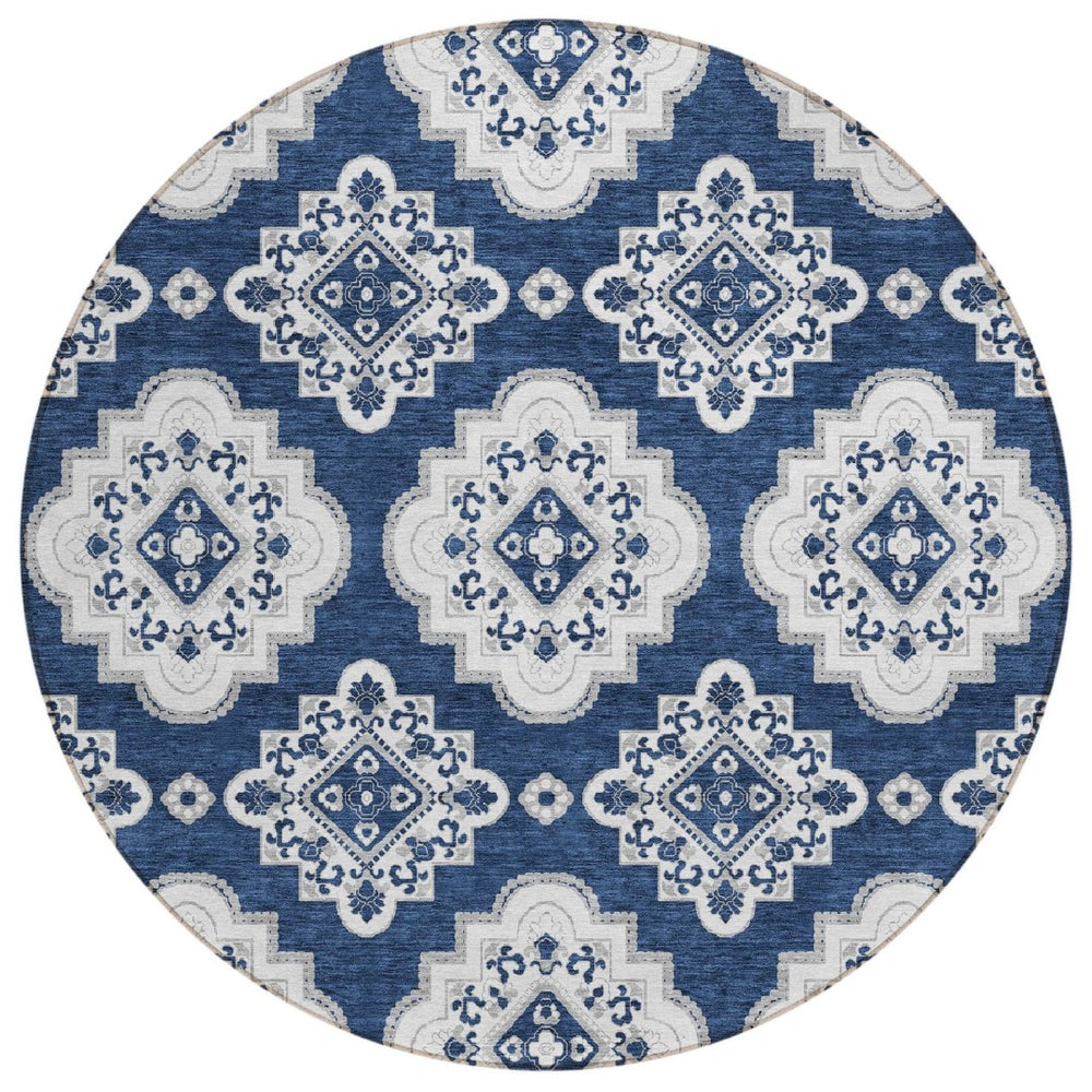 HomeRoots 5' Navy Blue and Ivory Medallion Area Rug – Durable, Washable, Perfect for Indoor and Outdoor Use 8' Round 591713