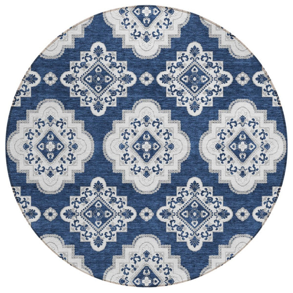 HomeRoots 5' Navy Blue and Ivory Medallion Area Rug – Durable, Washable, Perfect for Indoor and Outdoor Use 8' Round 591713