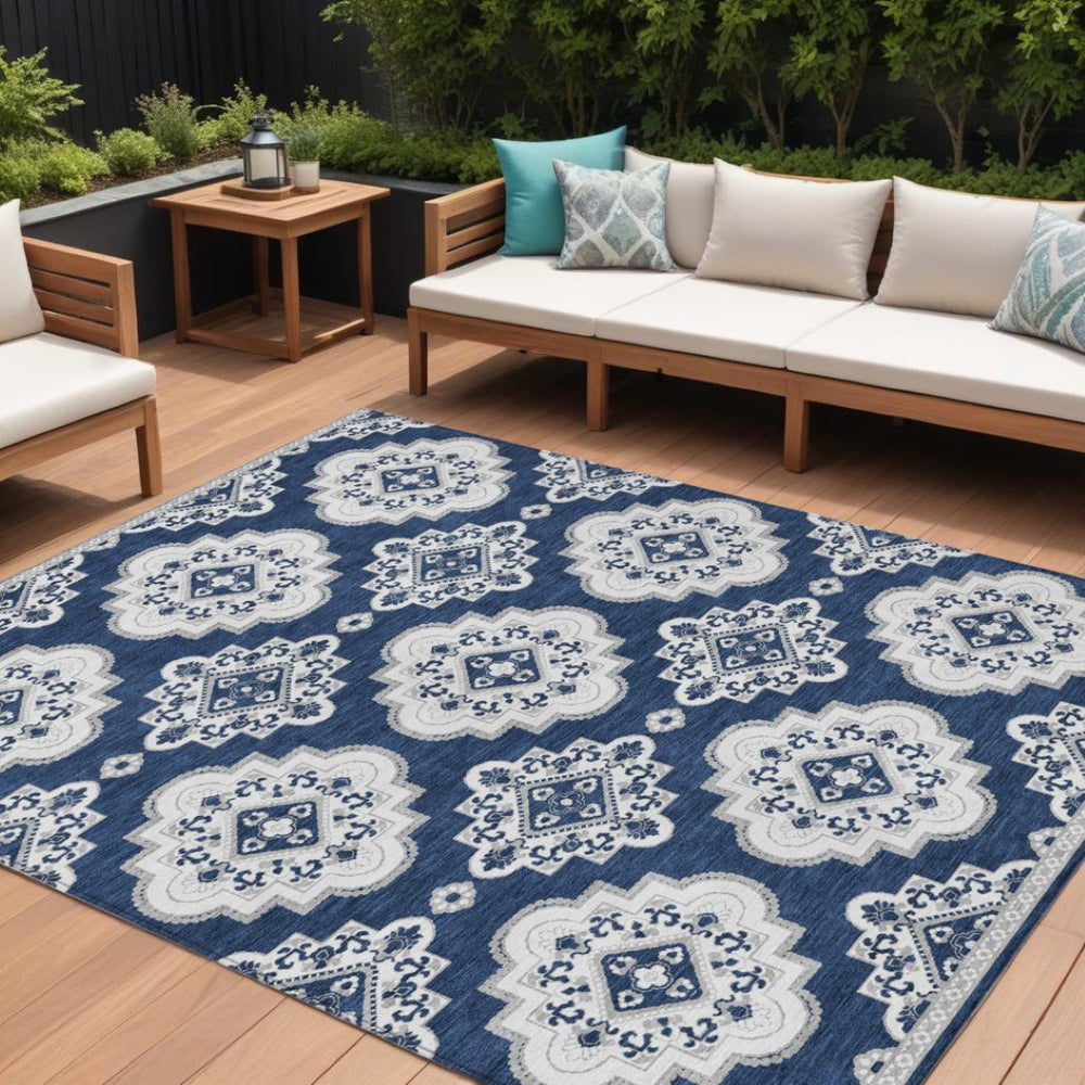 HomeRoots 9' Navy Blue and Ivory Medallion Indoor Outdoor Area Rug for High-Traffic Spaces, Easy Care Design 9' X 12' 591715
