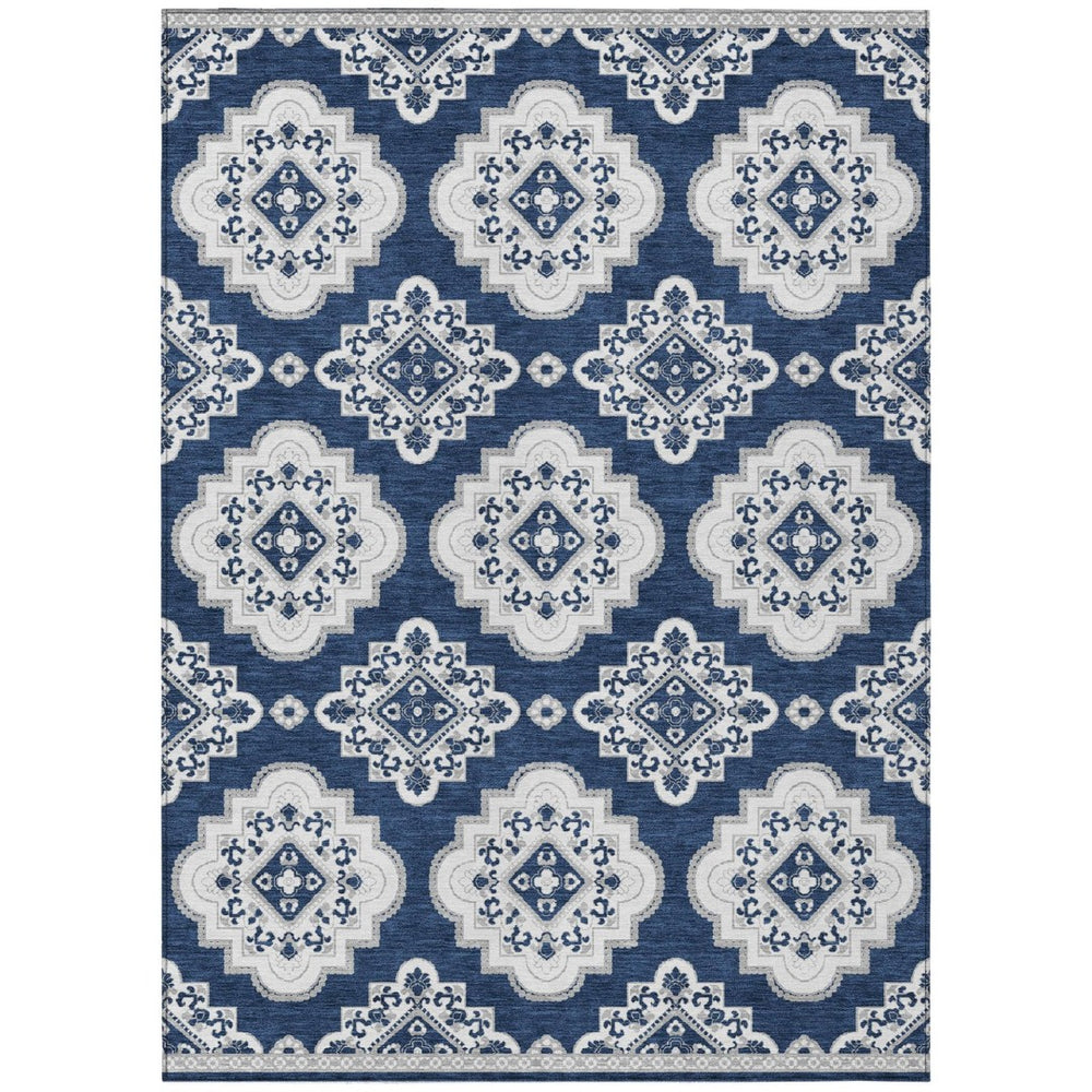 HomeRoots 9' Navy Blue and Ivory Medallion Indoor Outdoor Area Rug for High-Traffic Spaces, Easy Care Design 9' X 12' 591715