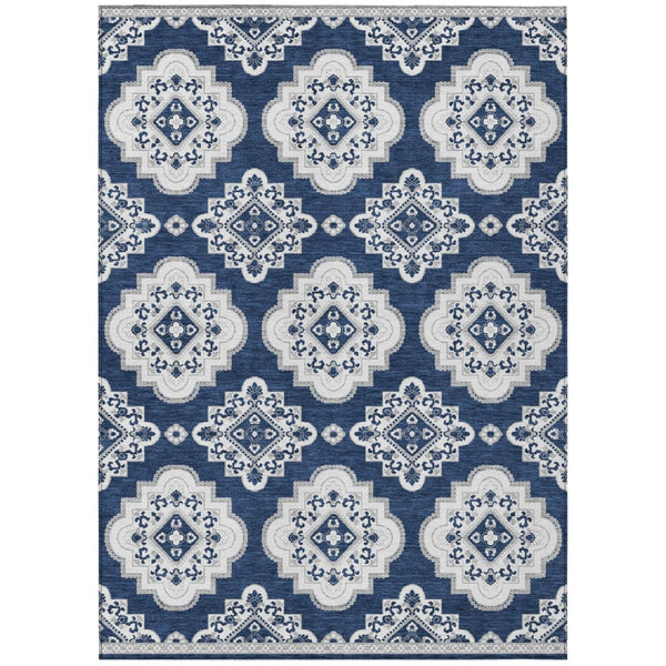 HomeRoots 5' Navy Blue and Ivory Medallion Area Rug – Durable, Washable, Perfect for Indoor and Outdoor Use 10' X 14' 591716