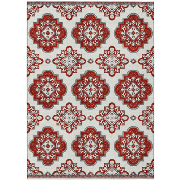 HomeRoots 5' Red and Beige Medallion Indoor Outdoor Area Rug - Durable, Machine Washable, Non-Slip Design 5' X 8' 591718