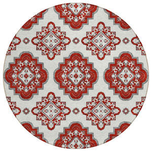 HomeRoots 5' Red and Beige Medallion Indoor Outdoor Area Rug - Durable, Machine Washable, Non-Slip Design 8' Round 591719