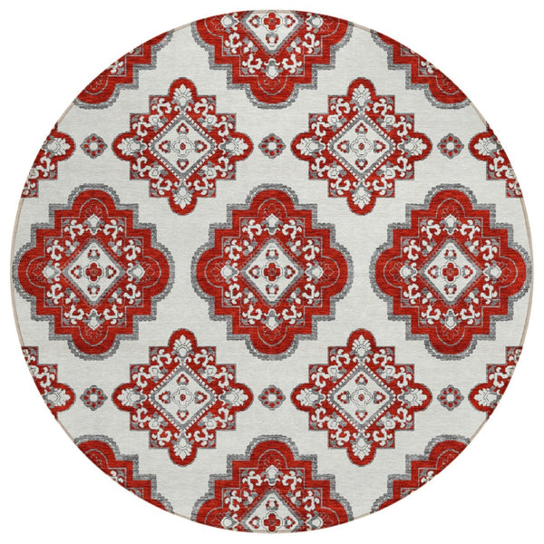 HomeRoots 5' Red and Beige Medallion Indoor Outdoor Area Rug - Durable, Machine Washable, Non-Slip Design 8' Round 591719