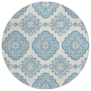 HomeRoots 5' Stylish Teal Blue and Ivory Medallion Area Rug – Durable, Washable, Perfect for Indoor & Outdoor Use 8' Round 591725