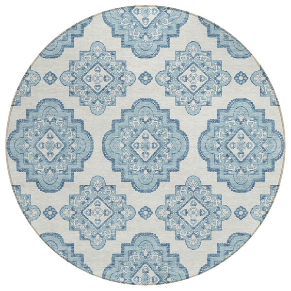 HomeRoots 5' Stylish Teal Blue and Ivory Medallion Area Rug – Durable, Washable, Perfect for Indoor & Outdoor Use 8' Round 591725