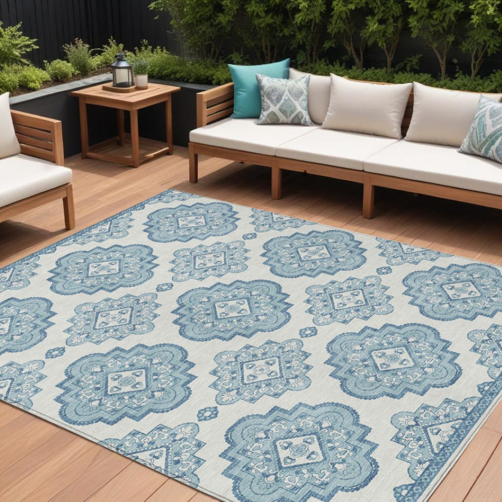 HomeRoots 5' Stylish Teal Blue and Ivory Medallion Area Rug – Durable, Washable, Perfect for Indoor & Outdoor Use 10' X 14' 591728