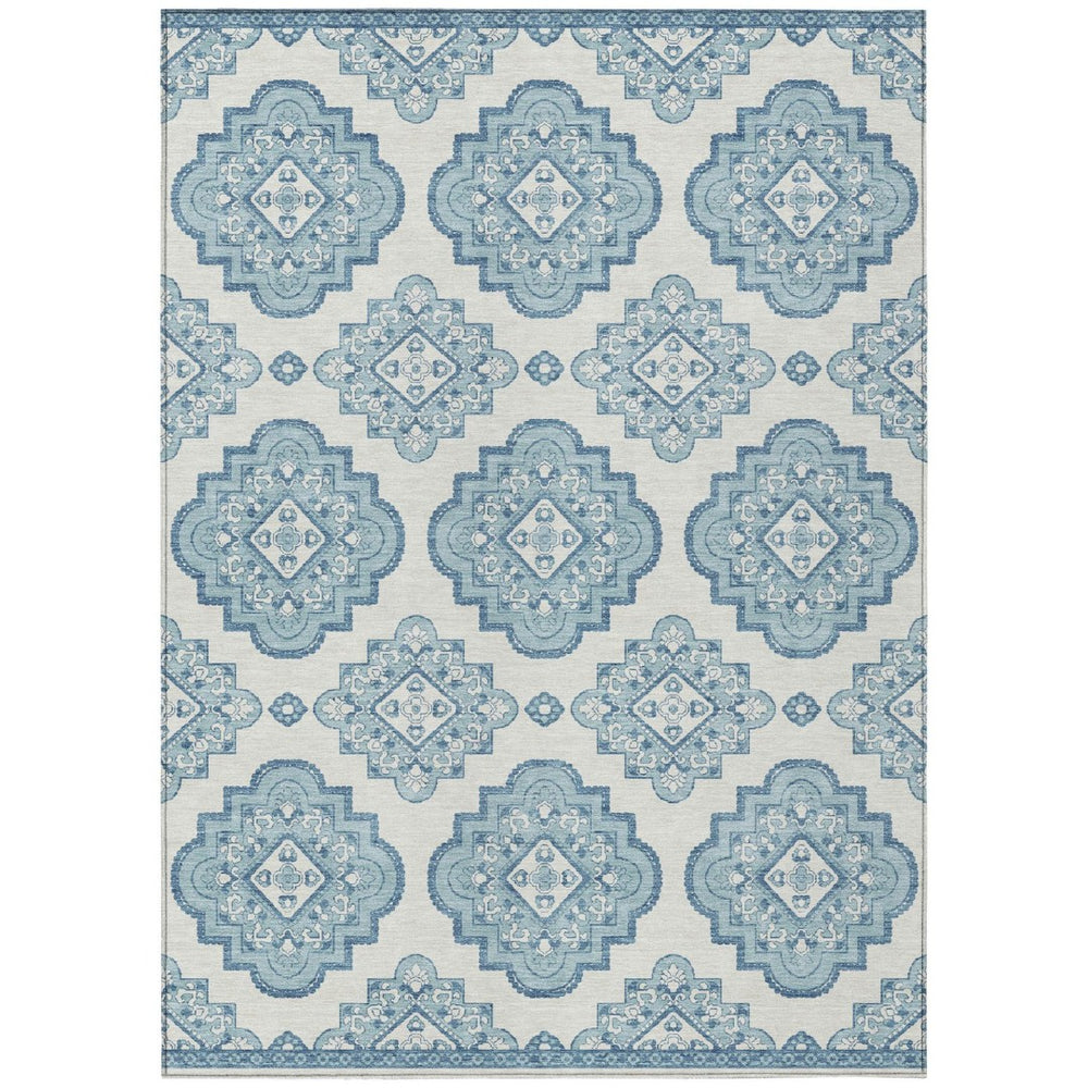 HomeRoots 5' Stylish Teal Blue and Ivory Medallion Area Rug – Durable, Washable, Perfect for Indoor & Outdoor Use 10' X 14' 591728