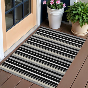 Homeroots 3' Black Ivory And Gray Striped Washable Area Rug - Stylish Indoor Outdoor Design For Any Space 3' X 5' Polyester 591729