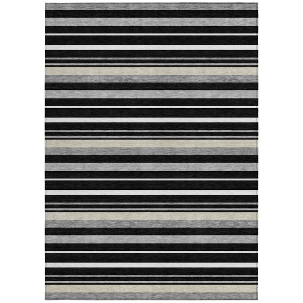Homeroots 3' Black Ivory And Gray Striped Washable Area Rug - Stylish Indoor Outdoor Design For Any Space 5' X 8' Polyester 591730