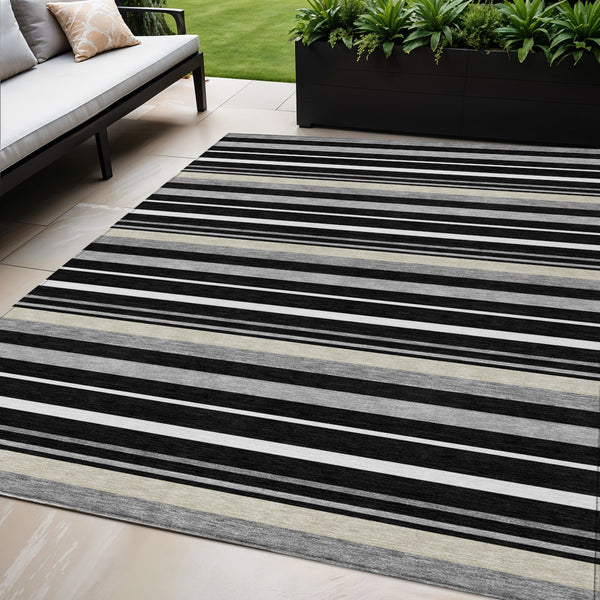 Homeroots 3' Black Ivory And Gray Striped Washable Area Rug - Stylish Indoor Outdoor Design For Any Space 5' X 8' Polyester 591730