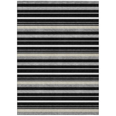 Homeroots 3' Black Ivory And Gray Striped Washable Area Rug - Stylish Indoor Outdoor Design For Any Space 5' X 8' Polyester 591730