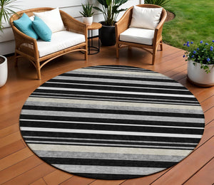 Homeroots 3' Black Ivory And Gray Striped Washable Area Rug - Stylish Indoor Outdoor Design For Any Space 8' Round Polyester 591731