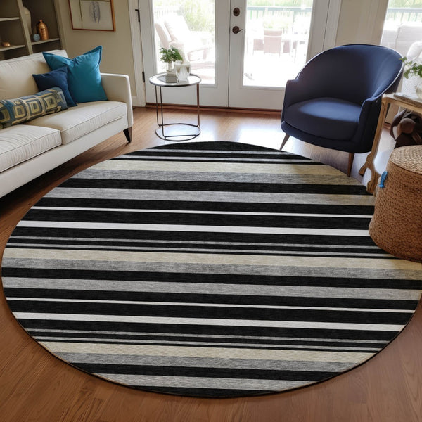 Homeroots 3' Black Ivory And Gray Striped Washable Area Rug - Stylish Indoor Outdoor Design For Any Space 8' Round Polyester 591731