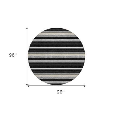 Homeroots 3' Black Ivory And Gray Striped Washable Area Rug - Stylish Indoor Outdoor Design For Any Space 8' Round Polyester 591731