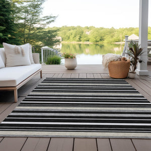 Homeroots 3' Black Ivory And Gray Striped Washable Area Rug - Stylish Indoor Outdoor Design For Any Space 8' X 10' Polyester 591732
