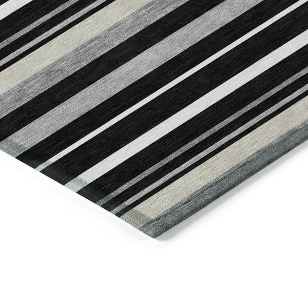 Homeroots 3' Black Ivory And Gray Striped Washable Area Rug - Stylish Indoor Outdoor Design For Any Space 8' X 10' Polyester 591732