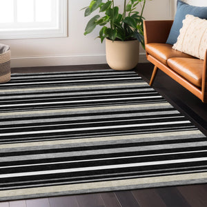 Homeroots 3' Black Ivory And Gray Striped Washable Area Rug - Stylish Indoor Outdoor Design For Any Space 8' X 10' Polyester 591732