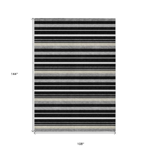 Homeroots 3' Black Ivory And Gray Striped Washable Area Rug - Stylish Indoor Outdoor Design For Any Space 9' X 12' Polyester 591733