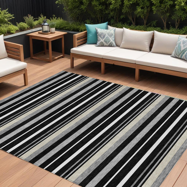 Homeroots 3' Black Ivory And Gray Striped Washable Area Rug - Stylish Indoor Outdoor Design For Any Space 9' X 12' Polyester 591733