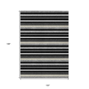 Homeroots 3' Black Ivory And Gray Striped Washable Area Rug - Stylish Indoor Outdoor Design For Any Space 10' X 14' Polyester 591734