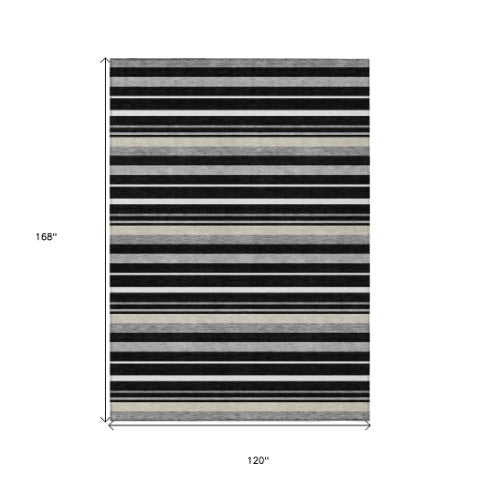 Homeroots 3' Black Ivory And Gray Striped Washable Area Rug - Stylish Indoor Outdoor Design For Any Space 10' X 14' Polyester 591734