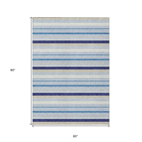 Homeroots 3' Black Ivory And Gray Striped Washable Area Rug - Stylish Indoor Outdoor Design For Any Space 5' X 8' Polyester 591736