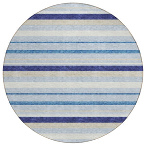 HomeRoots 5' Striped Washable Area Rug in Blue, Purple & Gray – Durable, Stain-Resistant for Indoor & Outdoor Use 8' Round 591737