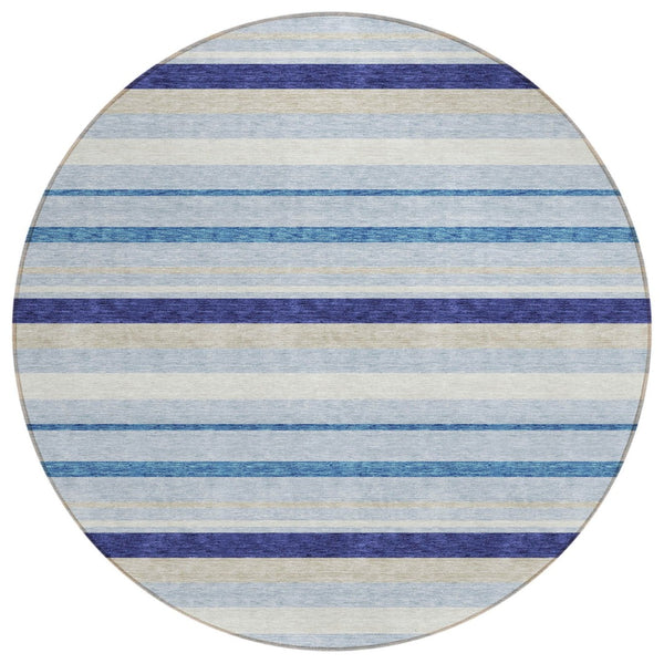HomeRoots 5' Striped Washable Area Rug in Blue, Purple & Gray – Durable, Stain-Resistant for Indoor & Outdoor Use 8' Round 591737